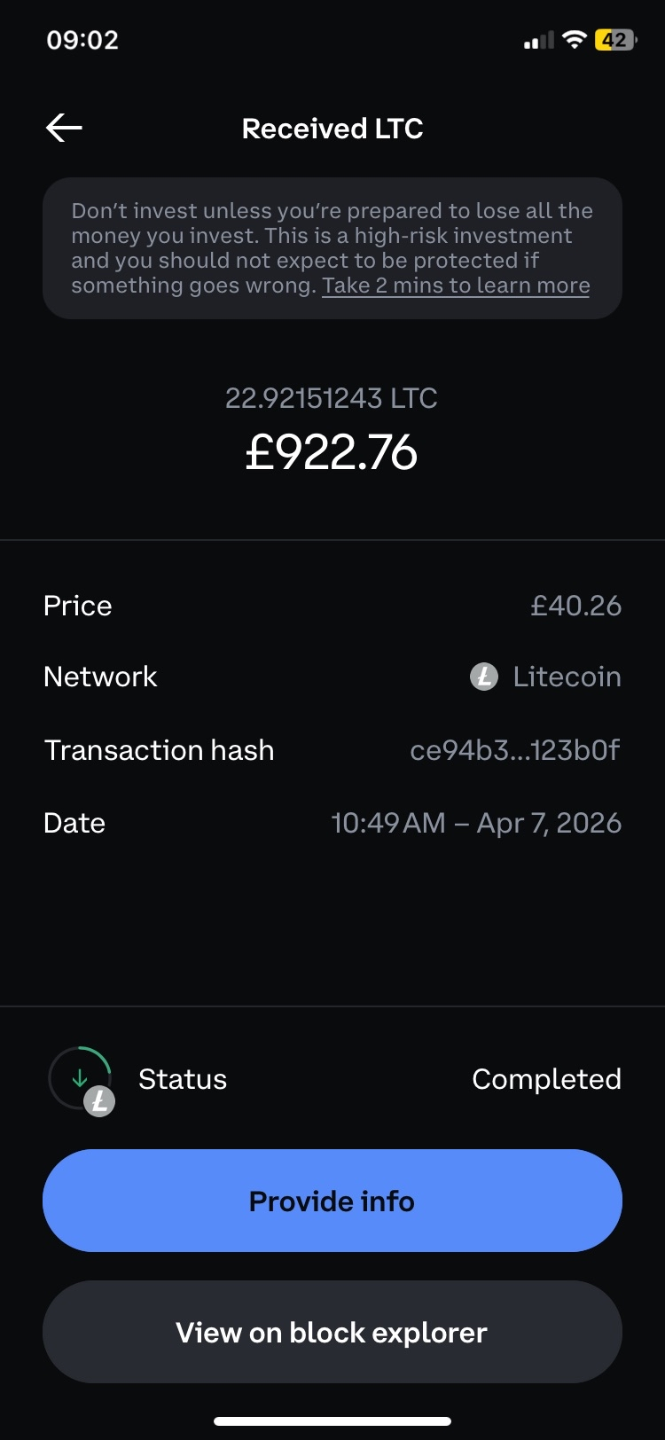 £922.76 received — LTC payment proof